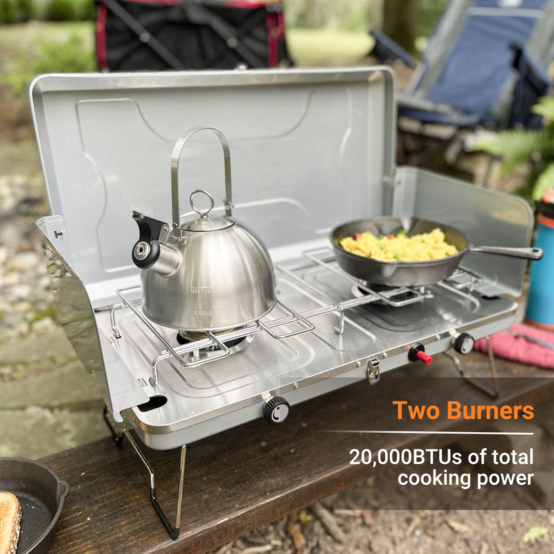 VANSTON 2-Burner Propane Camping Stove, 20,000 Total BTUs Portable Gas  Camping Grill, Stovetop with Adjustable Burners, Wind Guards, Heavy-Duty  Latch, Built-in Carrying Handle, Pressure regulator - Yahoo Shopping